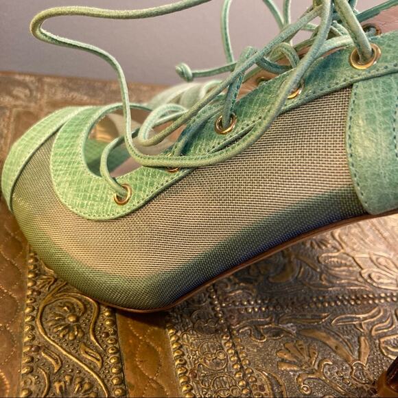 Escada Heals shoes size 6 open toe lace up Coquette tortoise pastel mint NEW - Picture 4 of 10